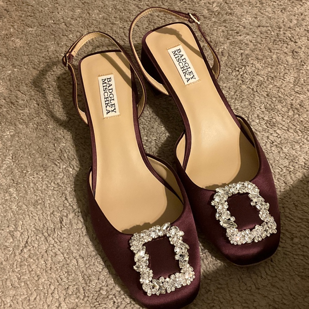Badgley Mischka Vivia Satin Block Heel Slingbacks with Crystal Buckle - Picture 2 of 9